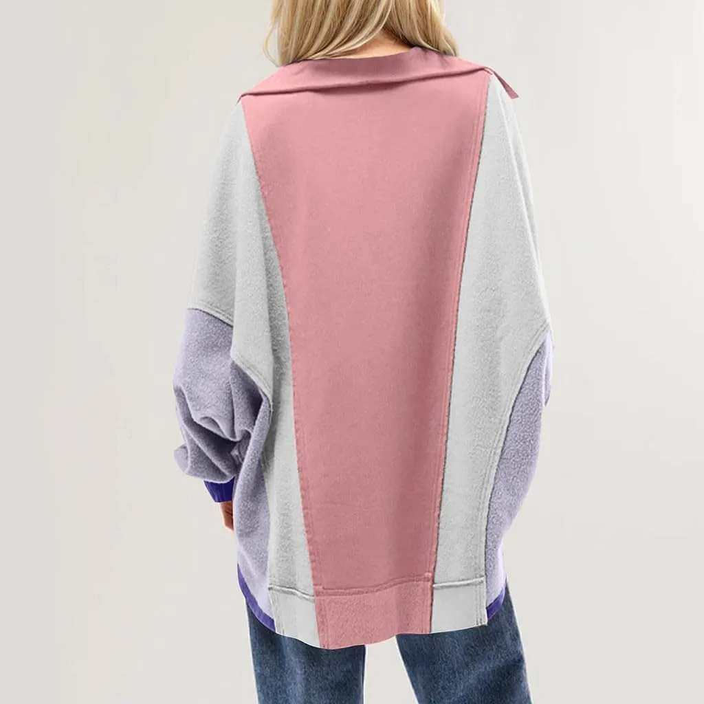 Women Oversized Patchwork Sweatshirt Color Block Lapel V Neck Cropped Tops Baggy Long Sleeve Sweatshirts Pullover