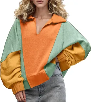 Women Oversized Patchwork Sweatshirt Color Block Lapel V Neck Cropped Tops Baggy Long Sleeve Sweatshirts Pullover