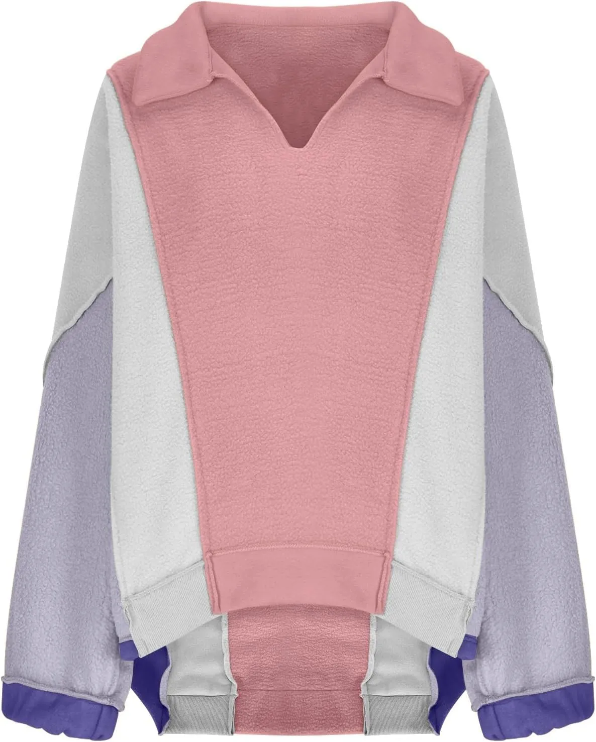 Women Oversized Patchwork Sweatshirt Color Block Lapel V Neck Cropped Tops Baggy Long Sleeve Sweatshirts Pullover