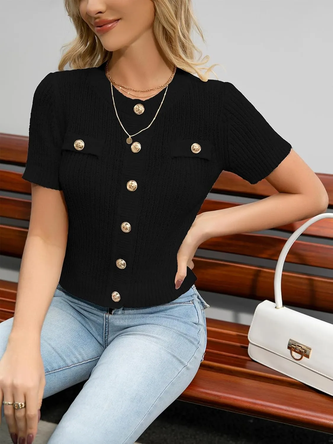 Women Summer Cropped Sweater Cardigan 2025 Short Sleeve Button Down Shirts Dressy Casual Knit Sweater Tops