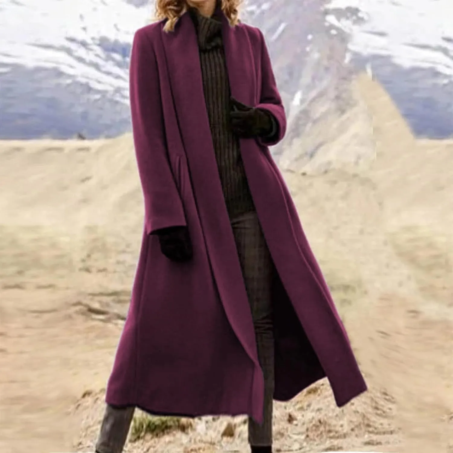 Women Winter Wool Blend Camel Mid-Long Coat Notch Double-Breasted Lapel Jacket Outwear