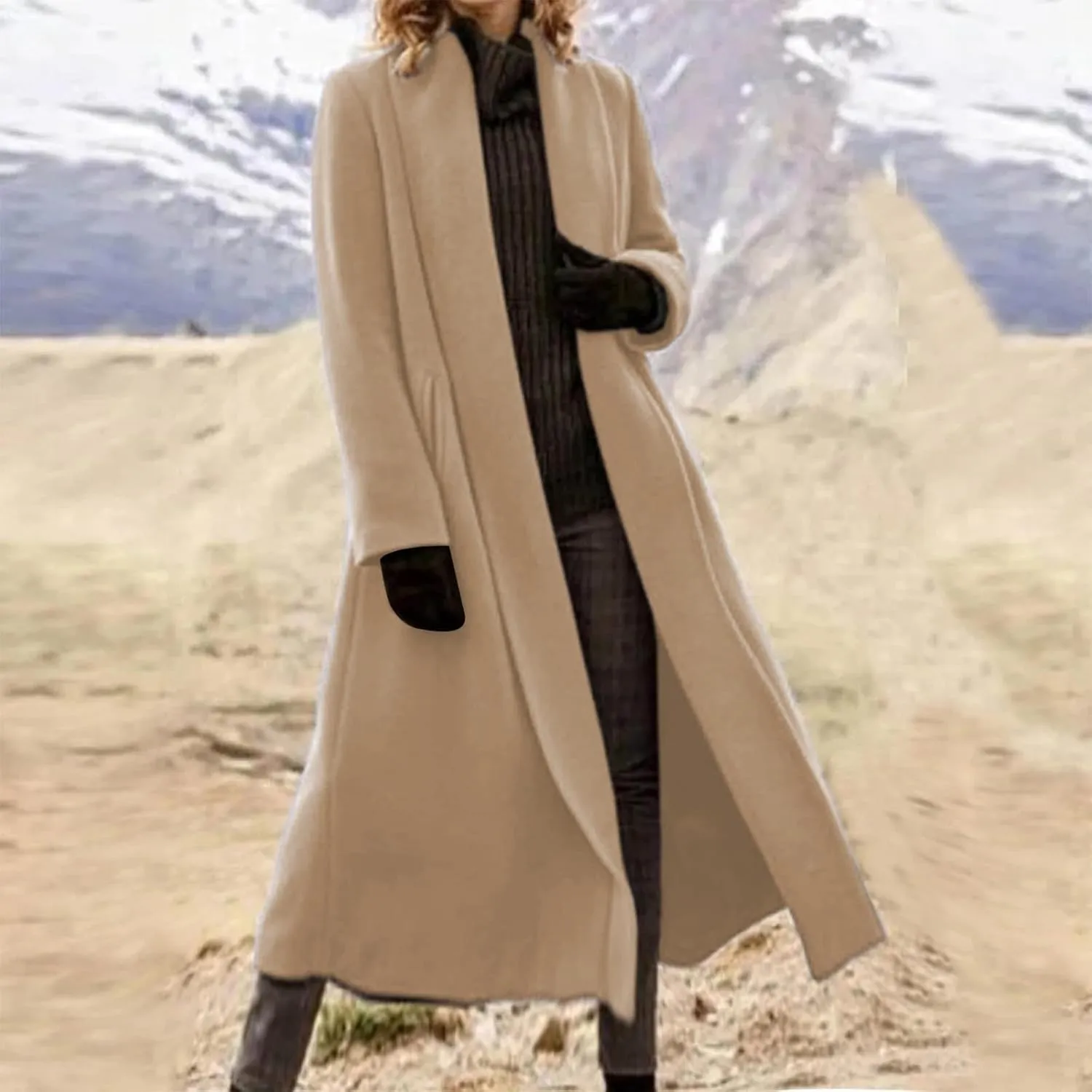 Women Winter Wool Blend Camel Mid-Long Coat Notch Double-Breasted Lapel Jacket Outwear