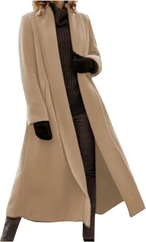 Women Winter Wool Blend Camel Mid-Long Coat Notch Double-Breasted Lapel Jacket Outwear