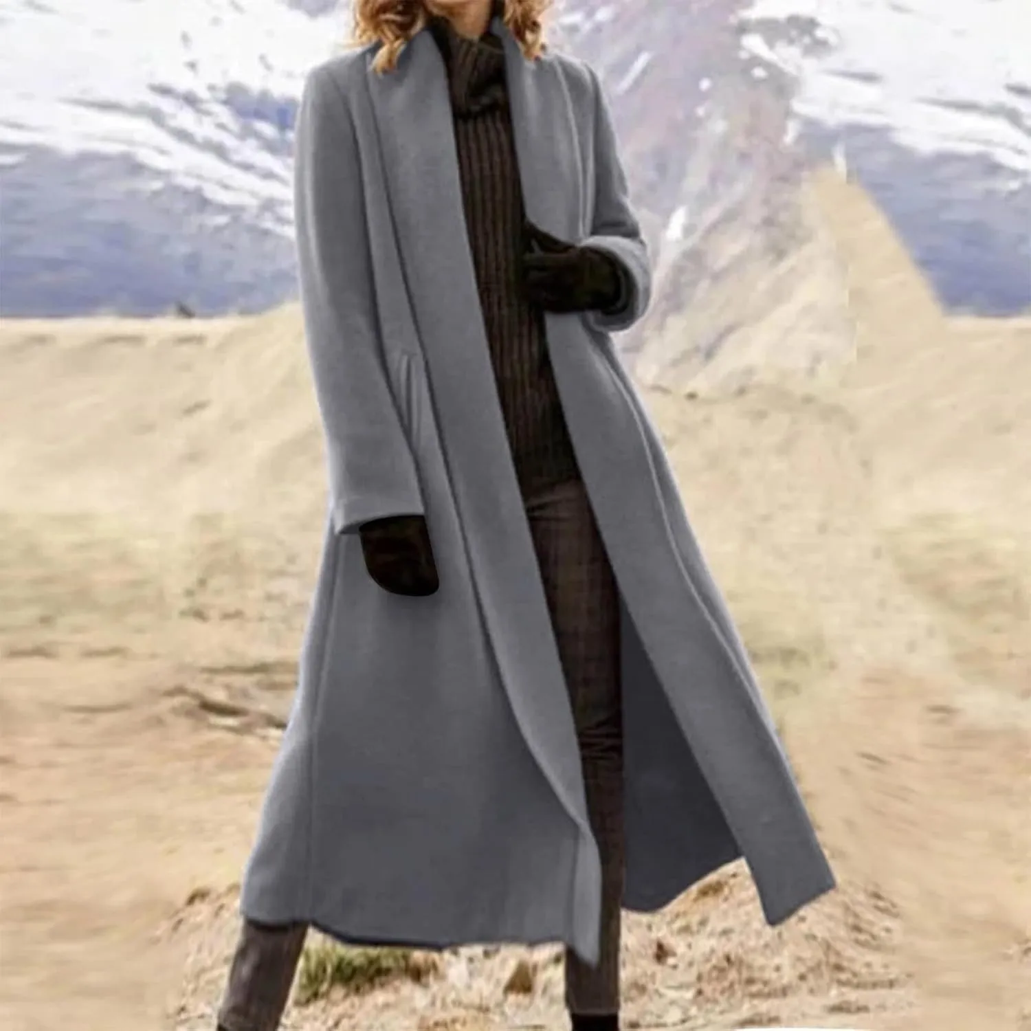 Women Winter Wool Blend Camel Mid-Long Coat Notch Double-Breasted Lapel Jacket Outwear