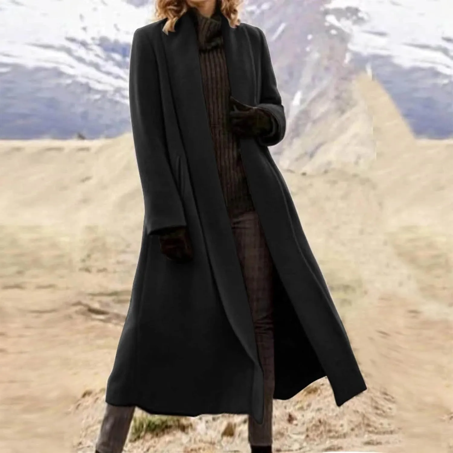 Women Winter Wool Blend Camel Mid-Long Coat Notch Double-Breasted Lapel Jacket Outwear