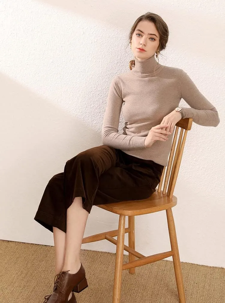 Womens 100% Merino Wool Cashmere Sweaters Turtleneck Knitted Sweater Lightweight Winter Cozy Pullover Tops