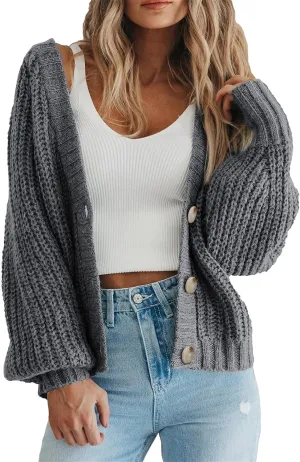 Women's 2023 Fall Open Front Chunky Knit Sweater Cardigan Oversized Basic Lantern Sleeve Button Down Cropped Outerwear