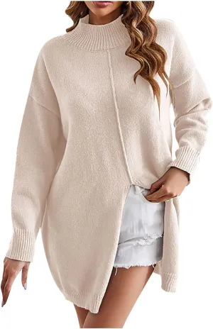 Womens 2023 Fall Sweaters Oversized Turtleneck Long Sleeve Split Hem Pullover Slouchy Lightweight Knit Sweater Tops