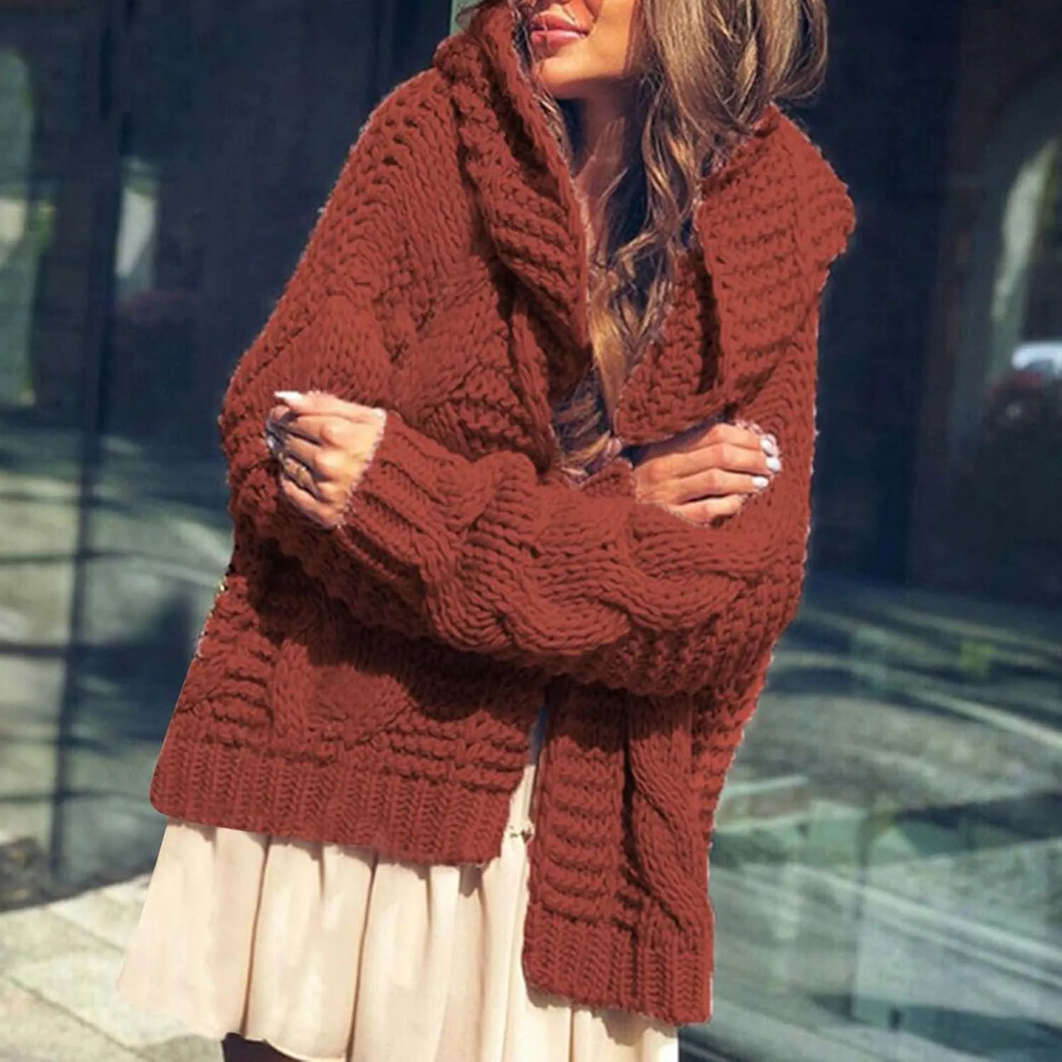 Womens 2024 Fall Winter Clothes Open Front Chunky Knit Hoodies Sweater Loose Long Sleeve Cardigan Casual Outwear Coat