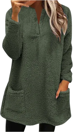 Womens 2024 Fashion Winter Fleece Warm Sweater V Neck Solid Color Long Sleeve Pullover With Pocket Casual Loose Tops
