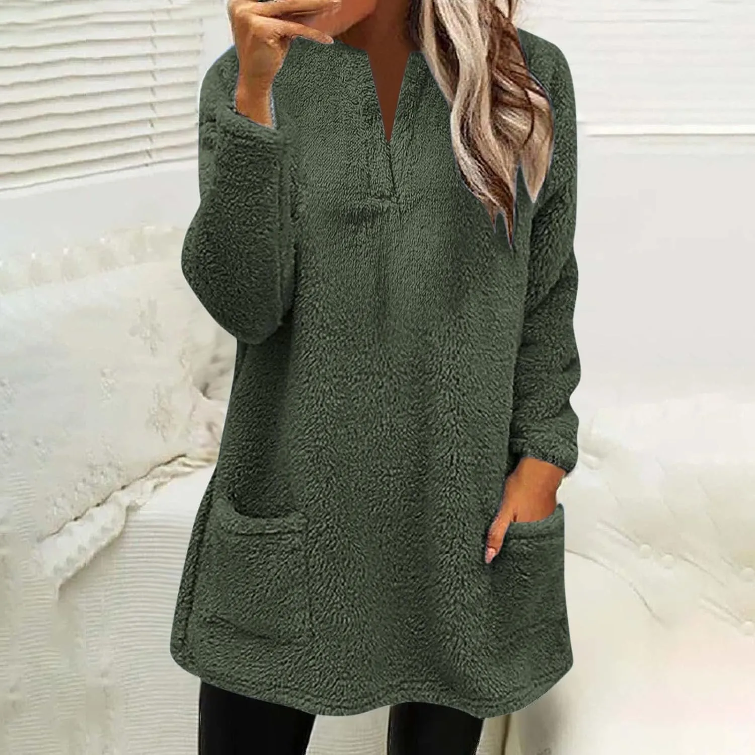 Womens 2024 Fashion Winter Fleece Warm Sweater V Neck Solid Color Long Sleeve Pullover With Pocket Casual Loose Tops