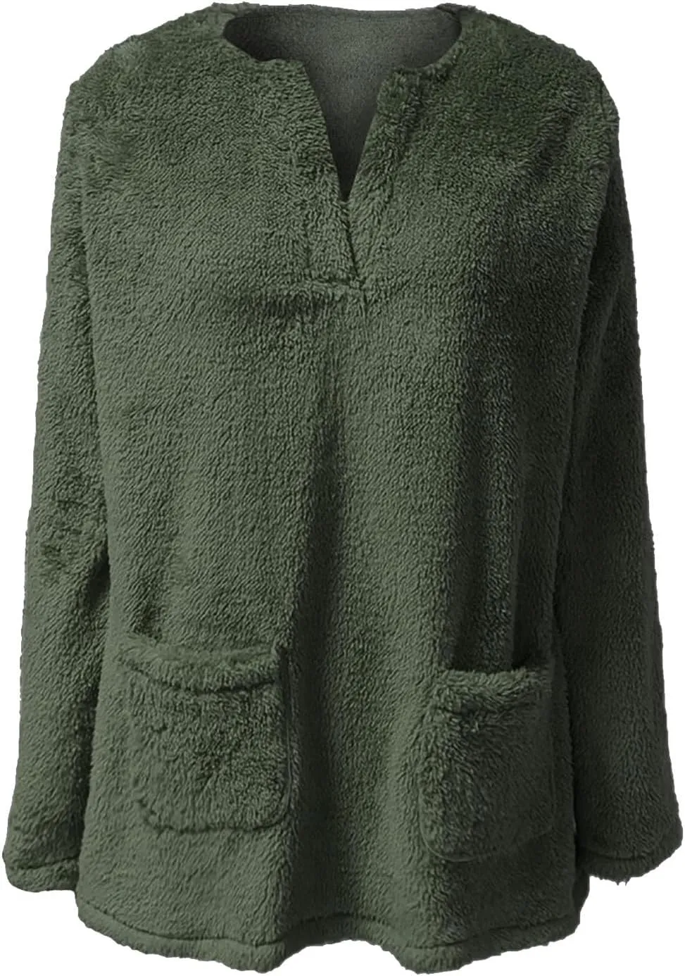 Womens 2024 Fashion Winter Fleece Warm Sweater V Neck Solid Color Long Sleeve Pullover With Pocket Casual Loose Tops