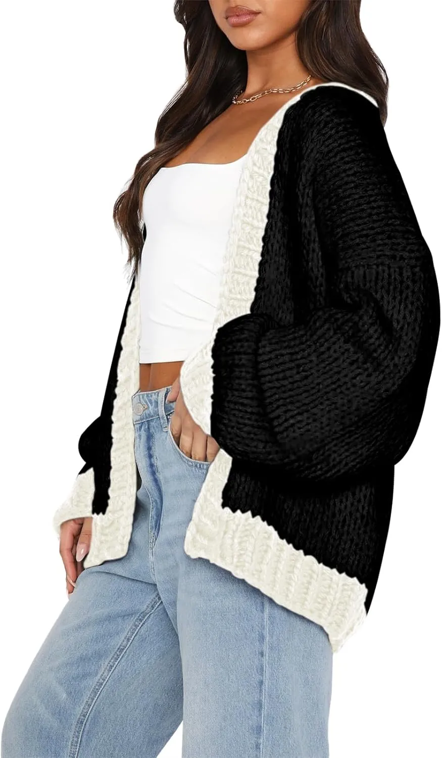 Women's 2025 Fall Long Sleeve Cable Knit Sweater Color Block Open Front Cardigan Chunky Loose Outerwear Coats