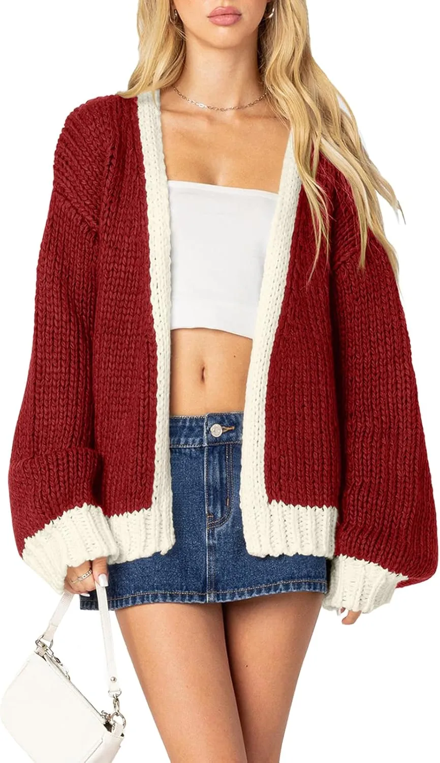 Women's 2025 Fall Long Sleeve Cable Knit Sweater Color Block Open Front Cardigan Chunky Loose Outerwear Coats