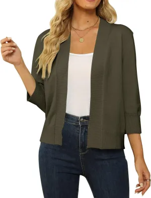 Women's 3/4 Sleeve Cropped Cardigan Sweater Open Front Short Shrugs Cardigans Lightweight Sweaters