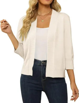 Women's 3/4 Sleeve Cropped Cardigan Sweater Open Front Short Shrugs Cardigans Lightweight Sweaters