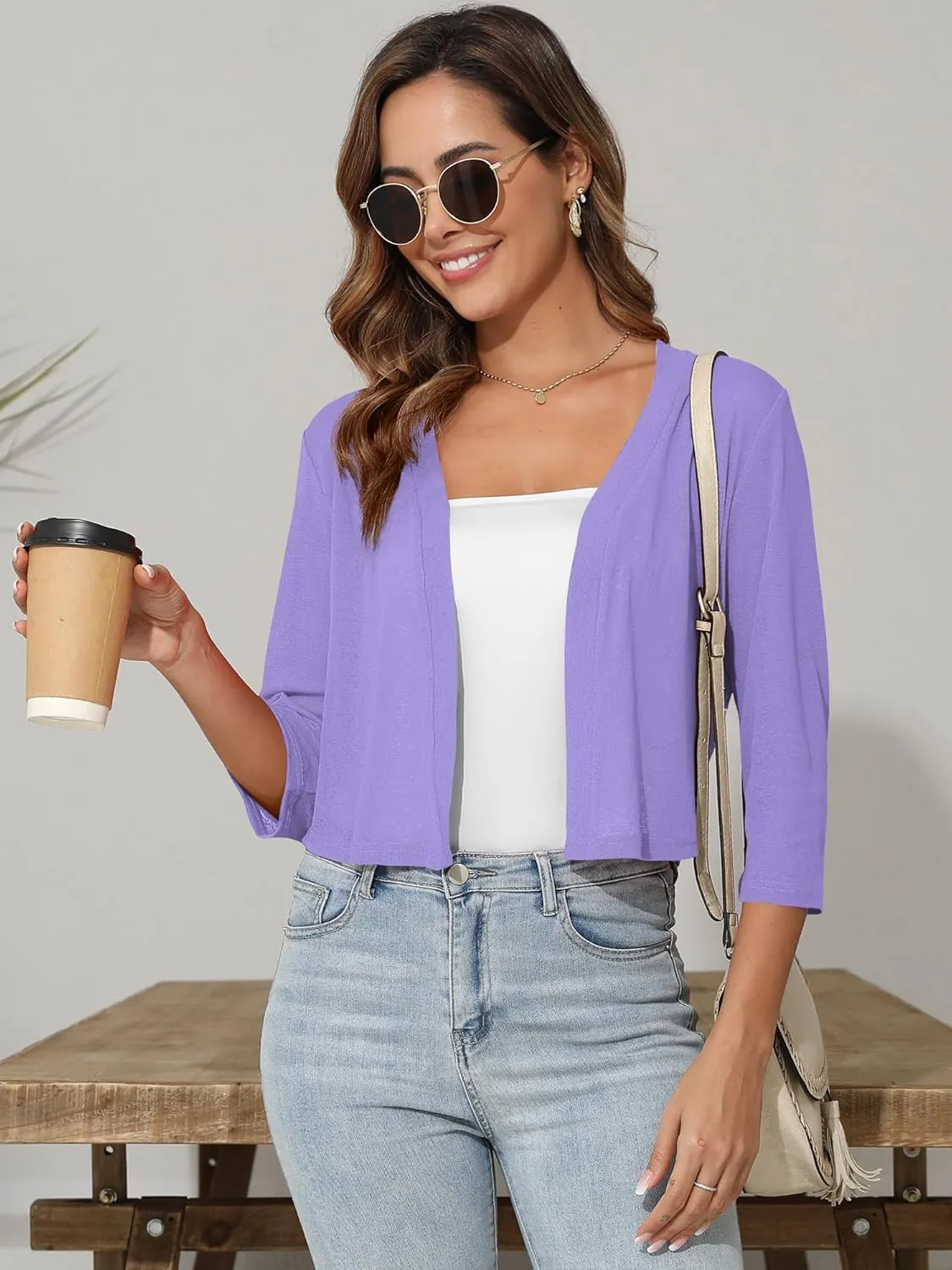 Women's 3/4 Sleeve Thin Shrugs Lightweight Open Front Cropped Sheer Cardigans for Summer
