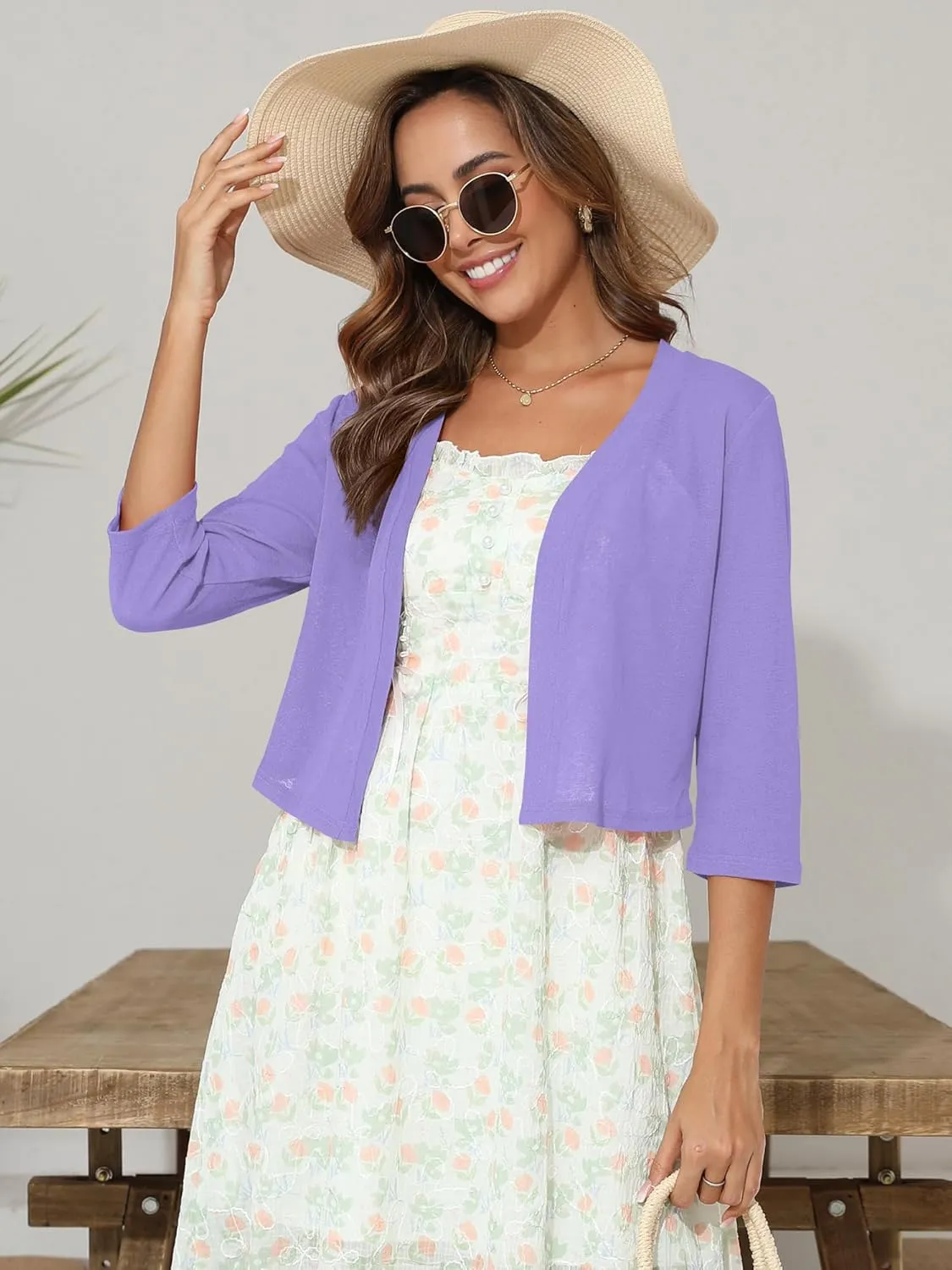 Women's 3/4 Sleeve Thin Shrugs Lightweight Open Front Cropped Sheer Cardigans for Summer