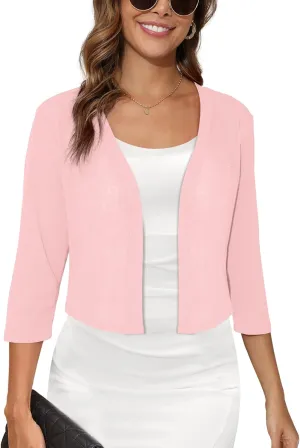 Women's 3/4 Sleeve Thin Shrugs Lightweight Open Front Cropped Sheer Cardigans for Summer