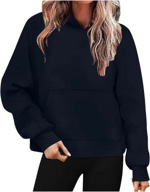 Womens Basic Cropped Hoodies Mock Neck Fleece Lined Sweatshirts Fall Winter Casual Long Sleeve Hooded Pullover Tops