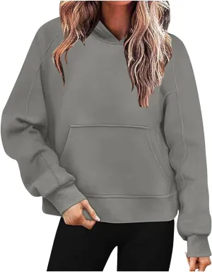 Womens Basic Cropped Hoodies Mock Neck Fleece Lined Sweatshirts Fall Winter Casual Long Sleeve Hooded Pullover Tops
