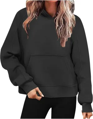 Womens Basic Cropped Hoodies Mock Neck Fleece Lined Sweatshirts Fall Winter Casual Long Sleeve Hooded Pullover Tops