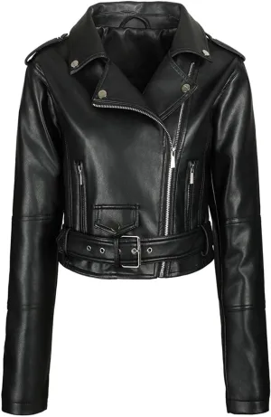 Womens Belted Faux Leather Moto Biker Jacket Classic Side Zipper Coat Outwear Casual Stylish Leather Cropped Jackets