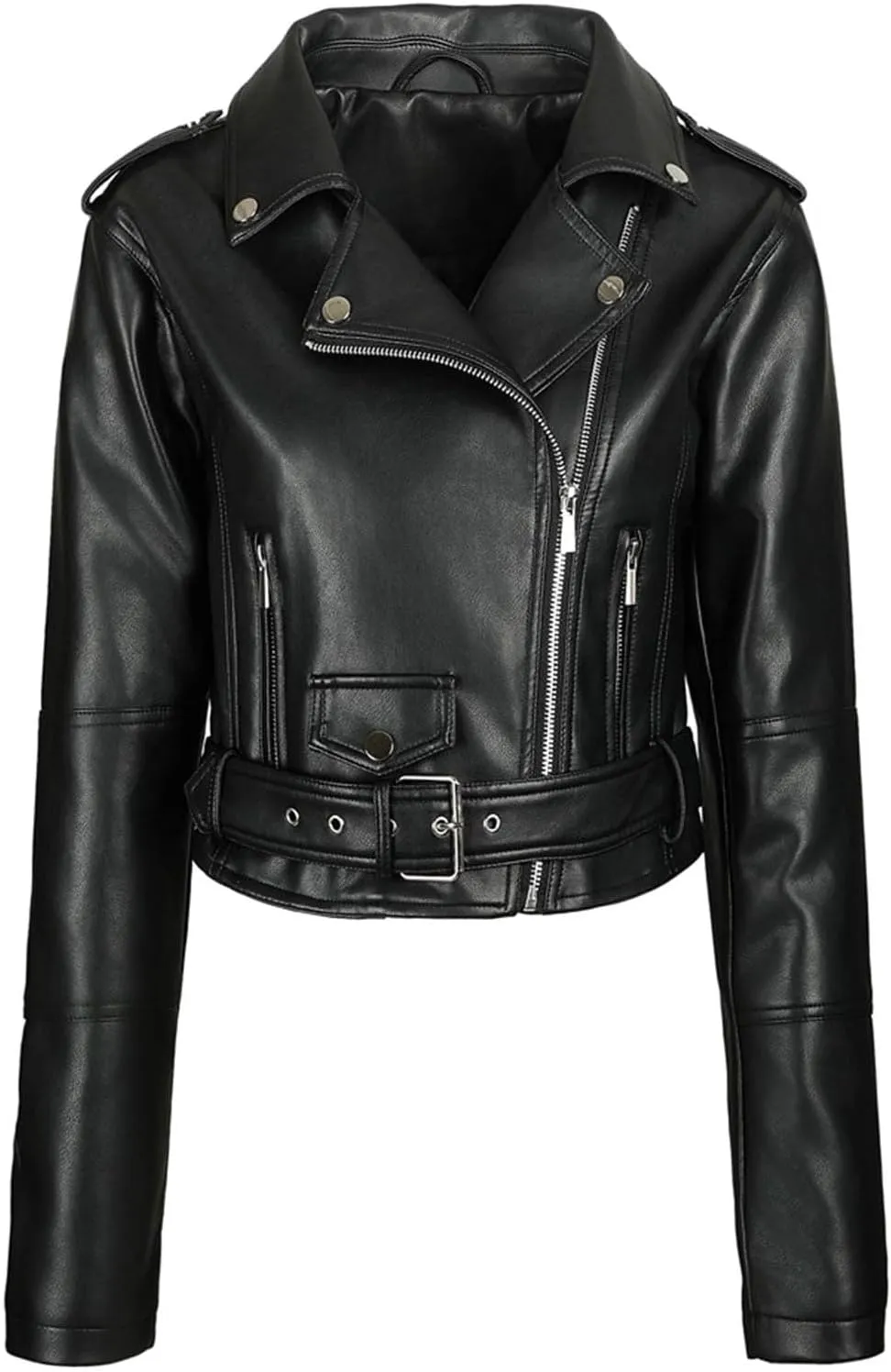 Womens Belted Faux Leather Moto Biker Jacket Classic Side Zipper Coat Outwear Casual Stylish Leather Cropped Jackets