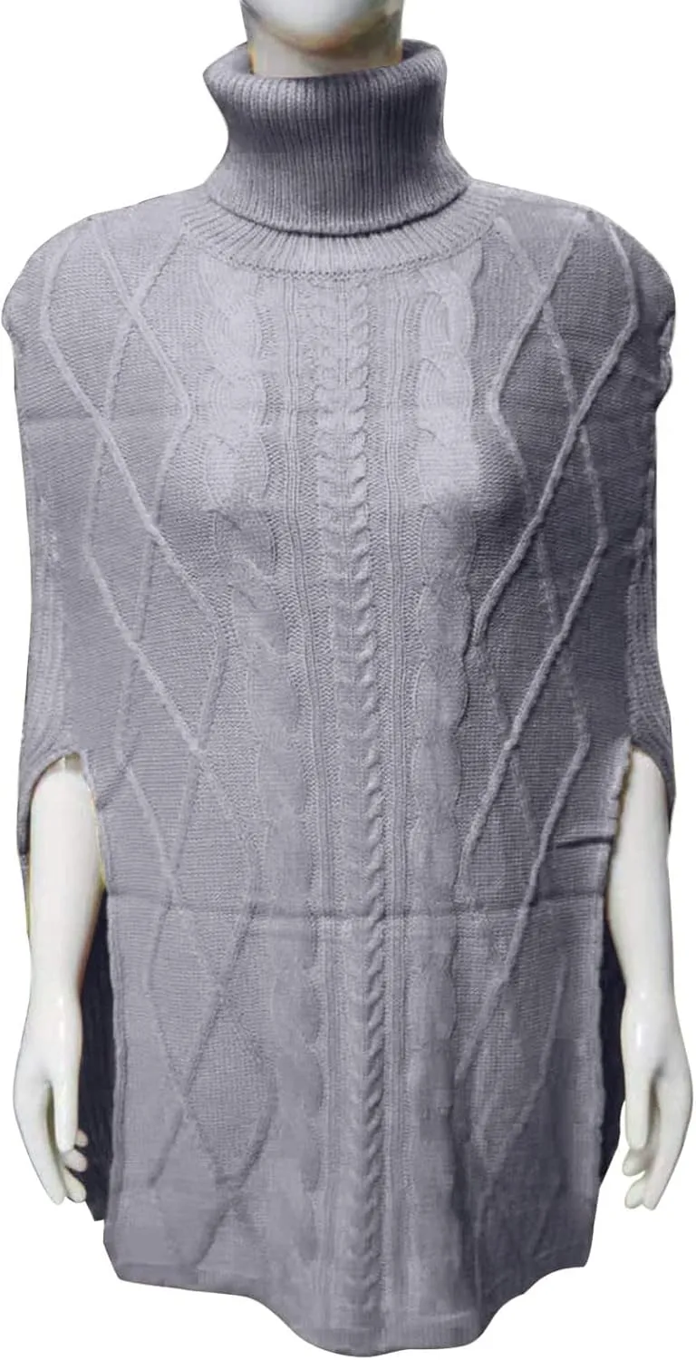 Women's Cable Knit Turtleneck Poncho Sweaters Elegant Chunky Loose Cape Wrap Pullovers Chic Jumper Tops