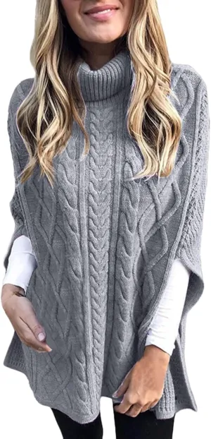 Women's Cable Knit Turtleneck Poncho Sweaters Elegant Chunky Loose Cape Wrap Pullovers Chic Jumper Tops