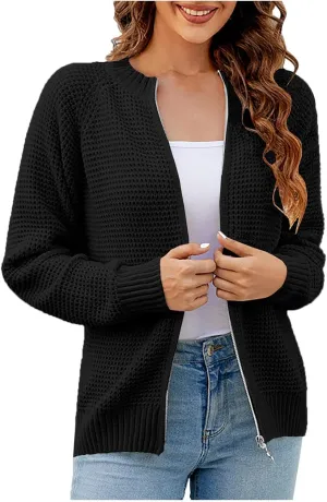 Women's Cable Knit Zipper Sweater Open Front Cardigans Outwear Coat Crewneck Long Sleeve Knitted Jacket Coats