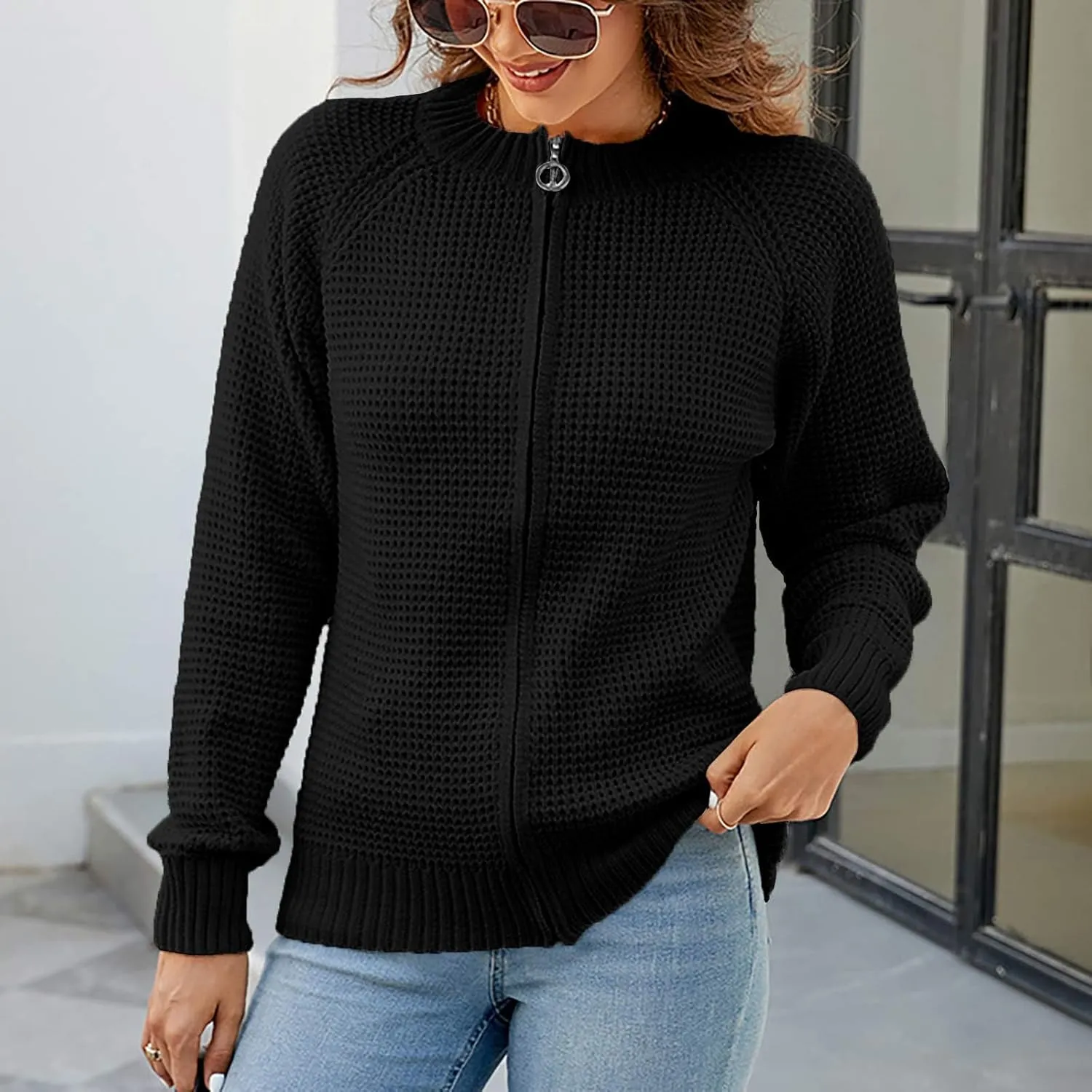 Women's Cable Knit Zipper Sweater Open Front Cardigans Outwear Coat Crewneck Long Sleeve Knitted Jacket Coats