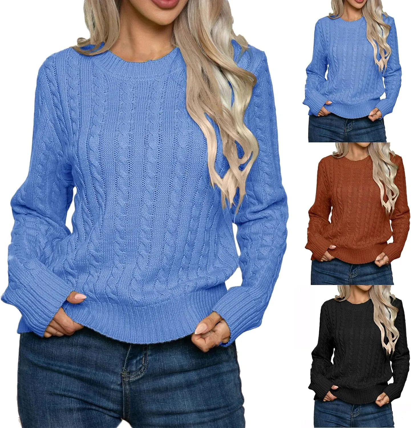 Womens Cable Knitted Pullover Sweater Crewneck Business Casual Long Sleeve Tops Loose Knitwear Jumpers Tops Knitwear