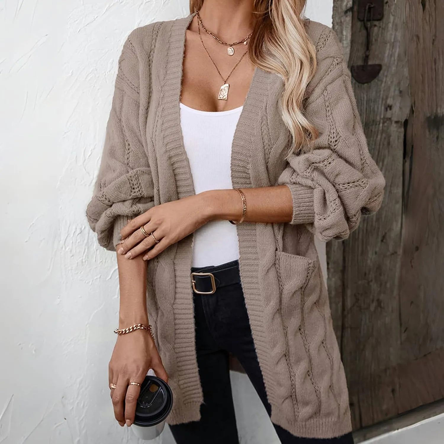 Women's Cardigan Sweaters Long Open Front Cardigans Long Sleeve Chunky Cable Knit Cardigan with 2 Pockets