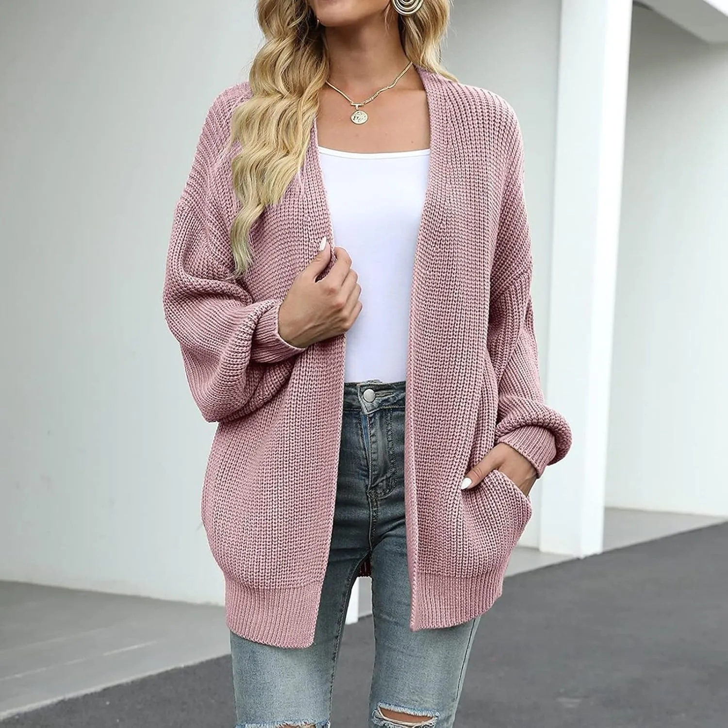 Womens Cardigan Sweaters Long Sleeve Chunky Open Front Cardigan Oversized Cable Knit Sweaters with Pockets
