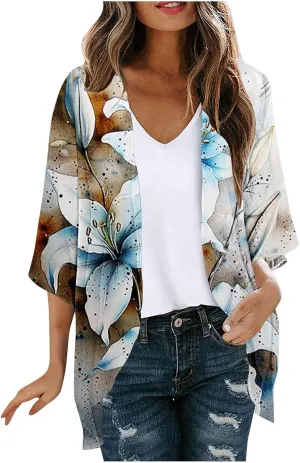 Womens Cardigan Trendy Floral 3/4 Sleeve Kimono Lightweight Open Front Cardigans Summer Beach Cover Ups