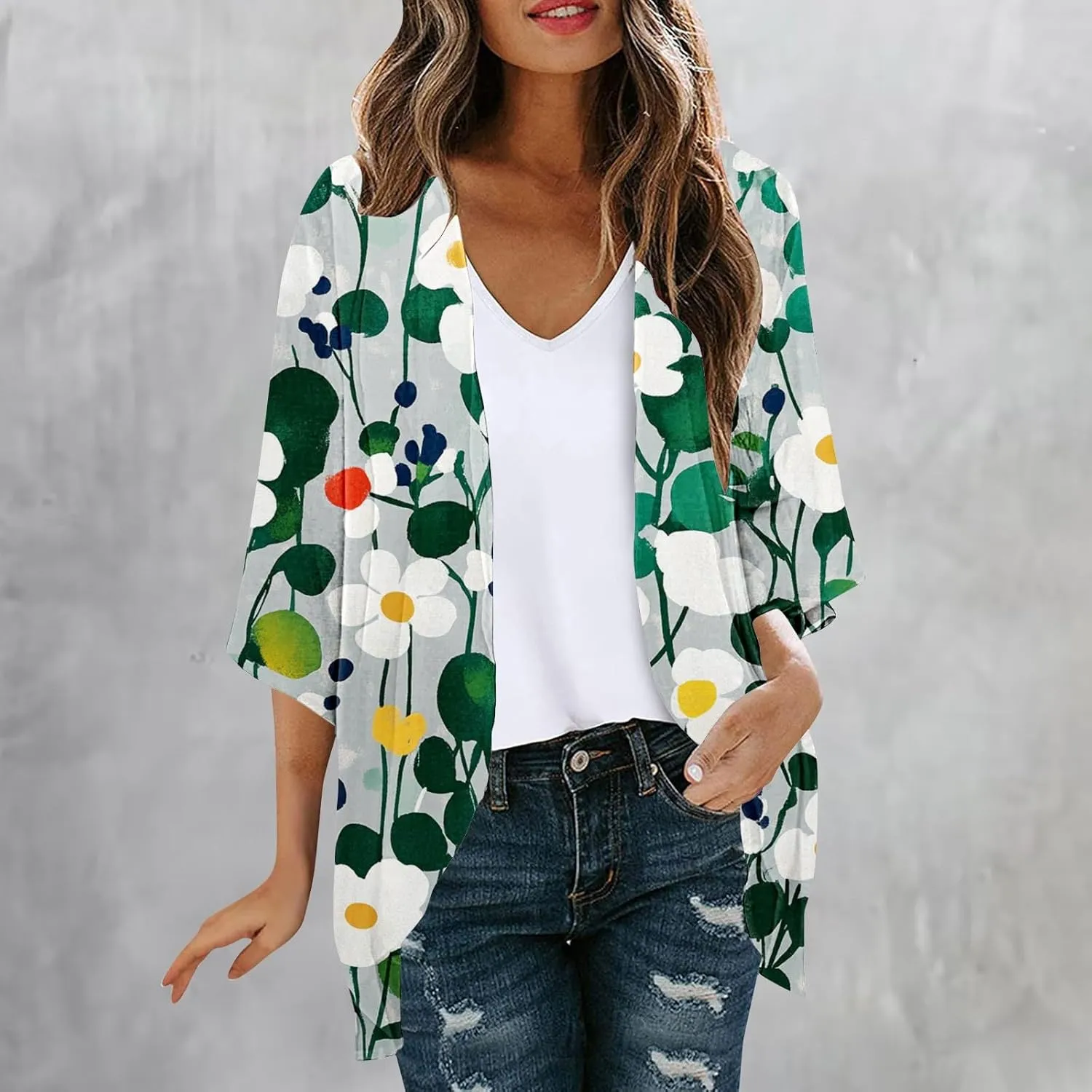 Womens Cardigan Trendy Floral 3/4 Sleeve Kimono Lightweight Open Front Cardigans Summer Beach Cover Ups