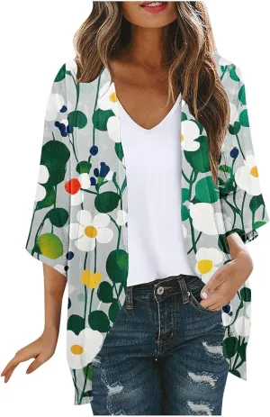 Womens Cardigan Trendy Floral 3/4 Sleeve Kimono Lightweight Open Front Cardigans Summer Beach Cover Ups