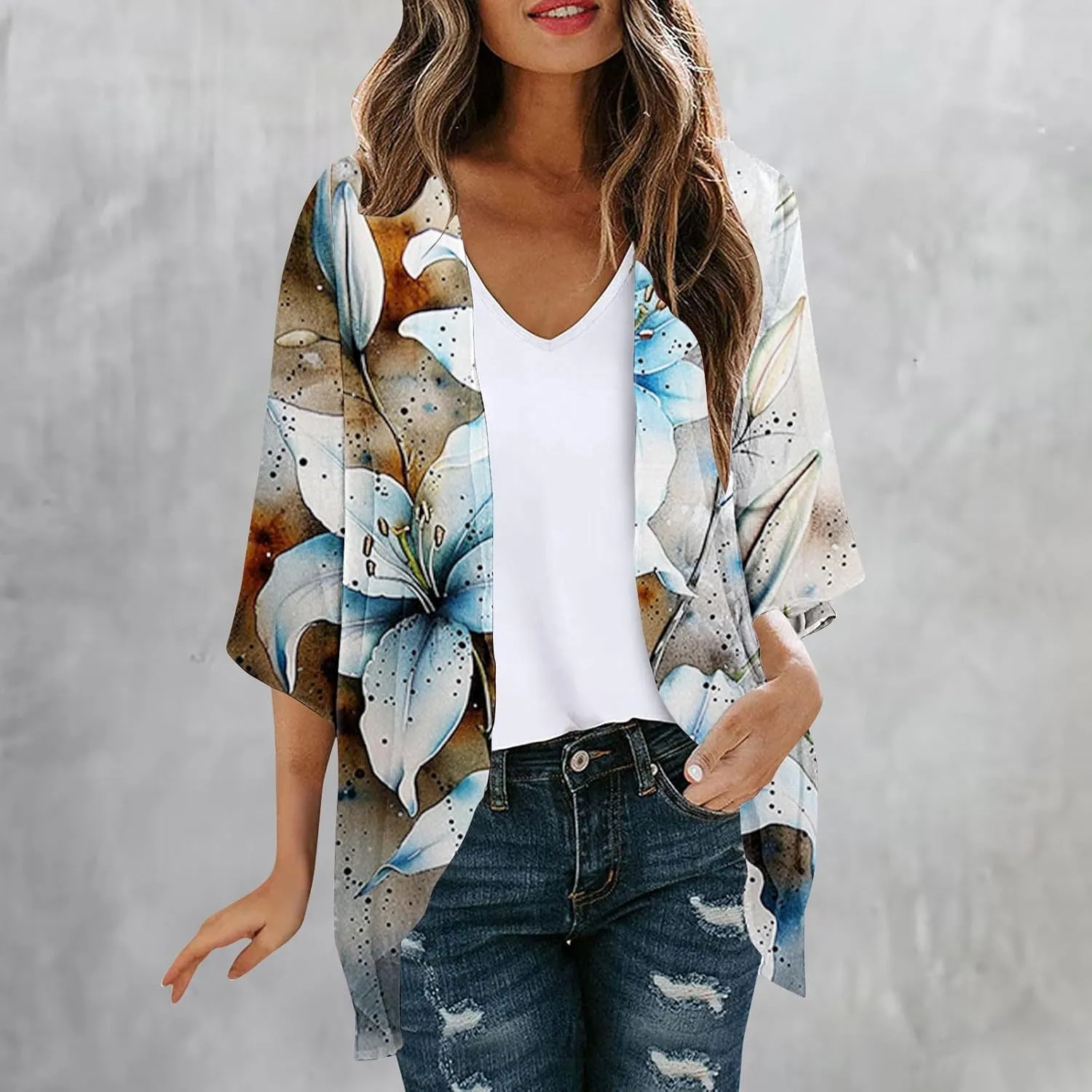 Womens Cardigan Trendy Floral 3/4 Sleeve Kimono Lightweight Open Front Cardigans Summer Beach Cover Ups