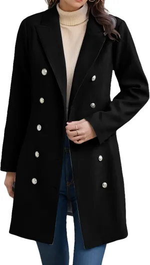 Womens Casual Coat Double Breasted Mid Long Pea Coat Notched Collar Wool Blend Overcoat