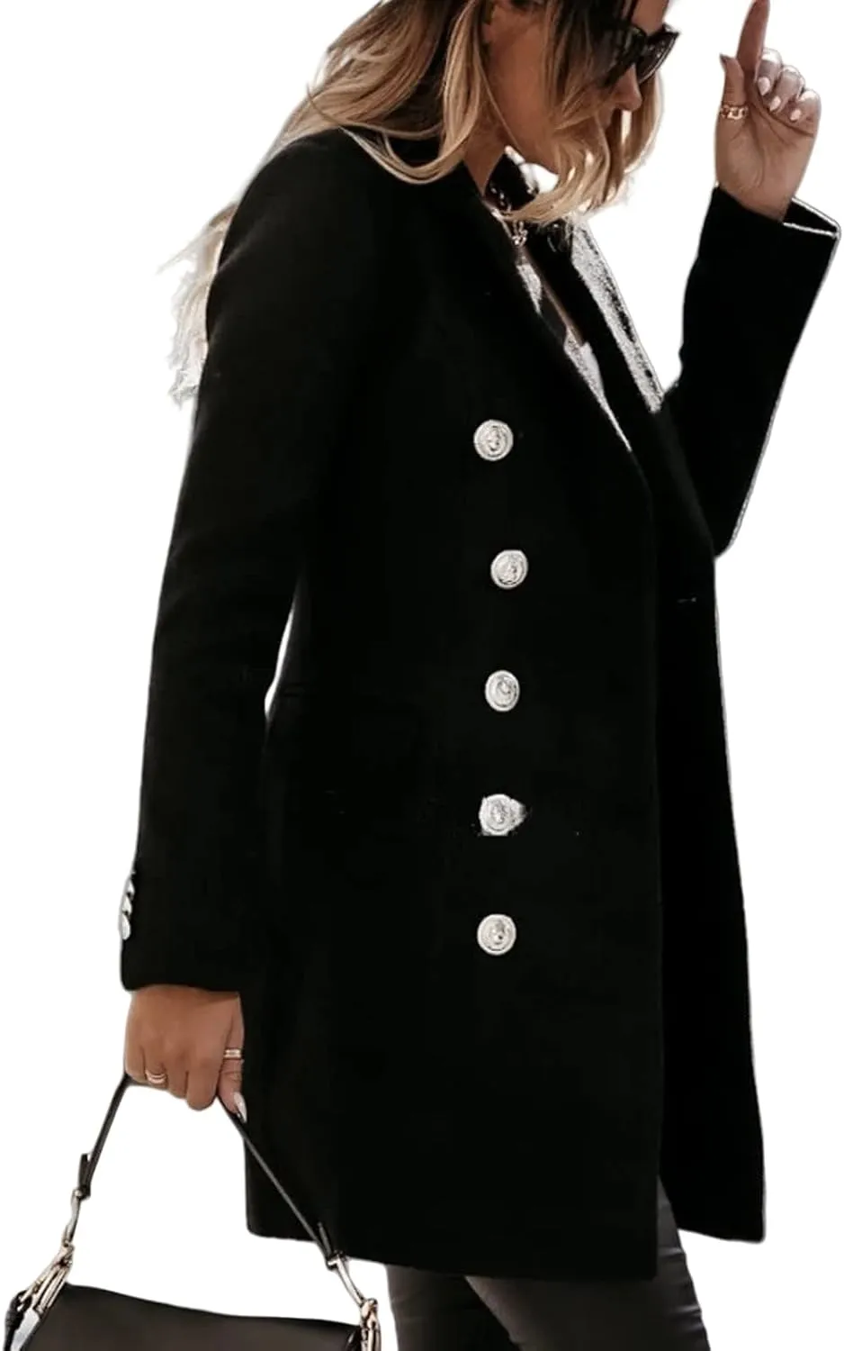 Womens Casual Coat Double Breasted Mid Long Pea Coat Notched Collar Wool Blend Overcoat