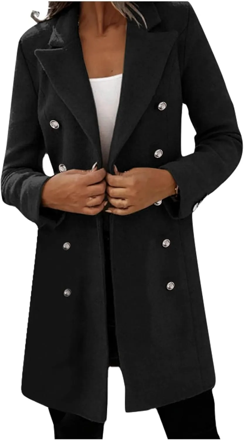Womens Casual Coat Double Breasted Mid Long Pea Coat Notched Collar Wool Blend Overcoat
