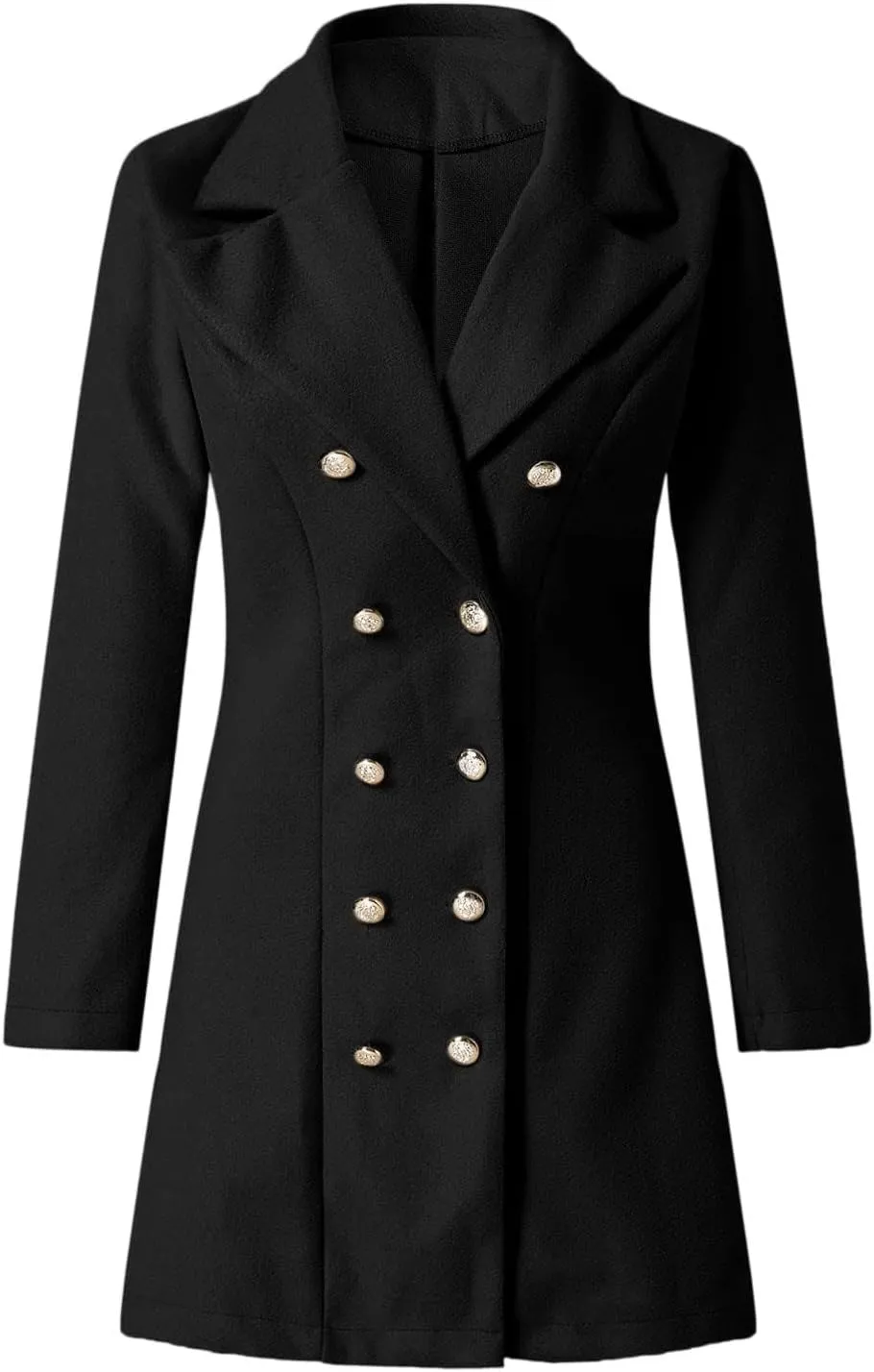 Womens Casual Coat Double Breasted Mid Long Pea Coat Notched Collar Wool Blend Overcoat