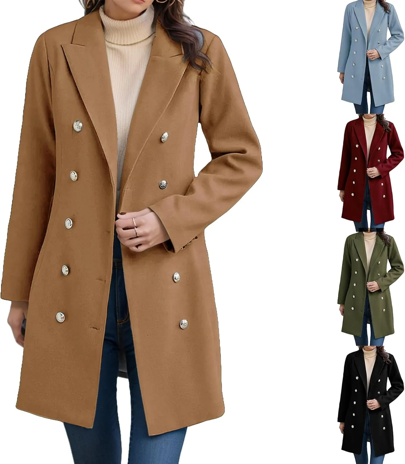 Womens Casual Coat Double Breasted Mid Long Pea Coat Notched Collar Wool Blend Overcoat