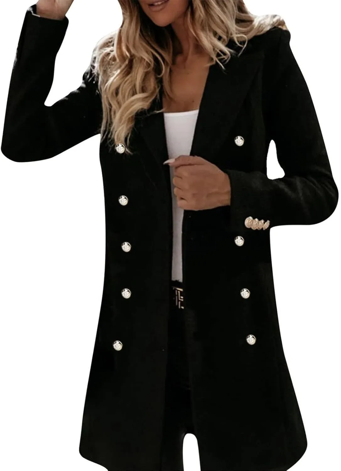 Womens Casual Coat Double Breasted Mid Long Pea Coat Notched Collar Wool Blend Overcoat