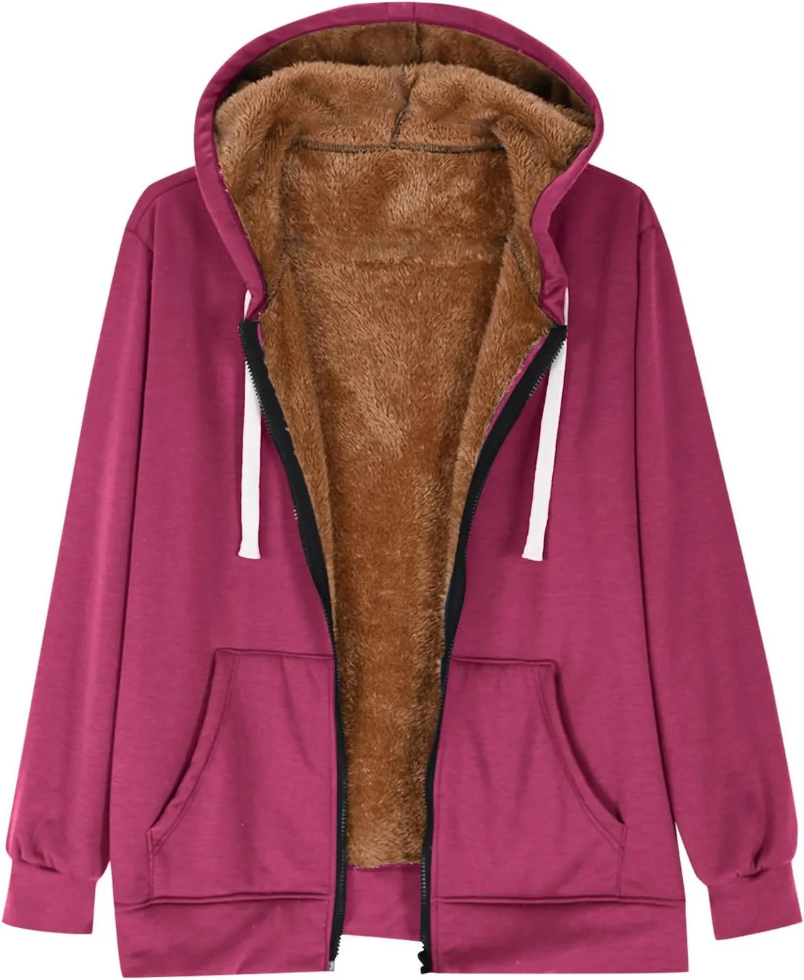 Women's Casual Full Zip Up Sherpa Lined Hoodie Drawstring Hooded Sweatshirts Soft Fleece Winter Warm Plain Jacket Coats