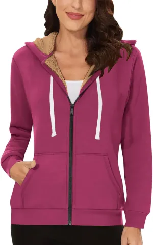 Women's Casual Full Zip Up Sherpa Lined Hoodie Drawstring Hooded Sweatshirts Soft Fleece Winter Warm Plain Jacket Coats