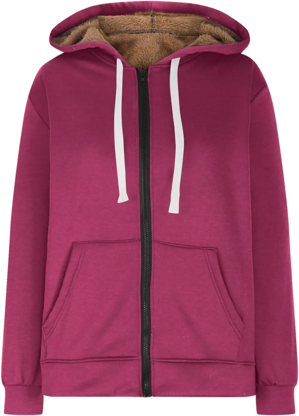 Women's Casual Full Zip Up Sherpa Lined Hoodie Drawstring Hooded Sweatshirts Soft Fleece Winter Warm Plain Jacket Coats