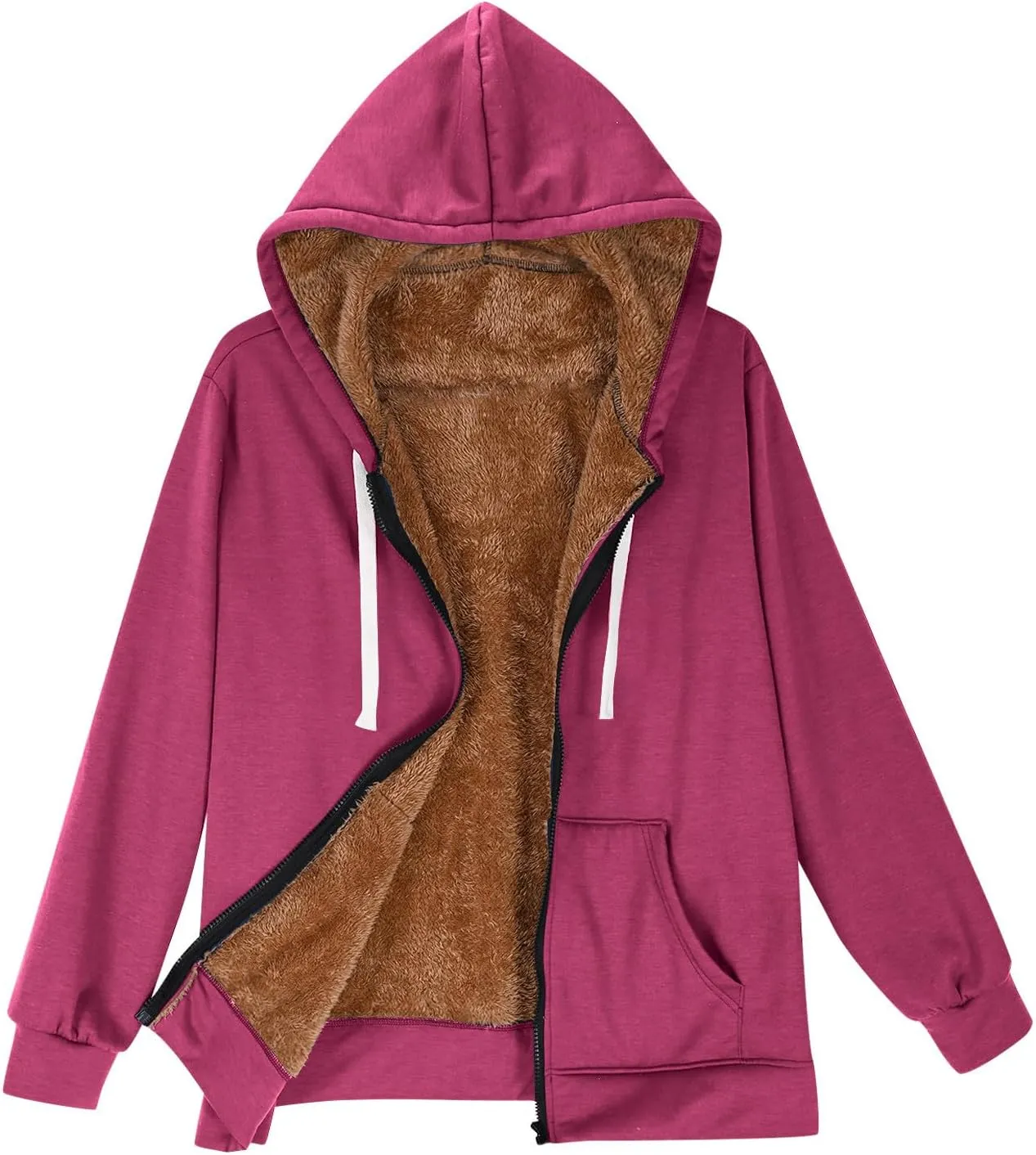 Women's Casual Full Zip Up Sherpa Lined Hoodie Drawstring Hooded Sweatshirts Soft Fleece Winter Warm Plain Jacket Coats