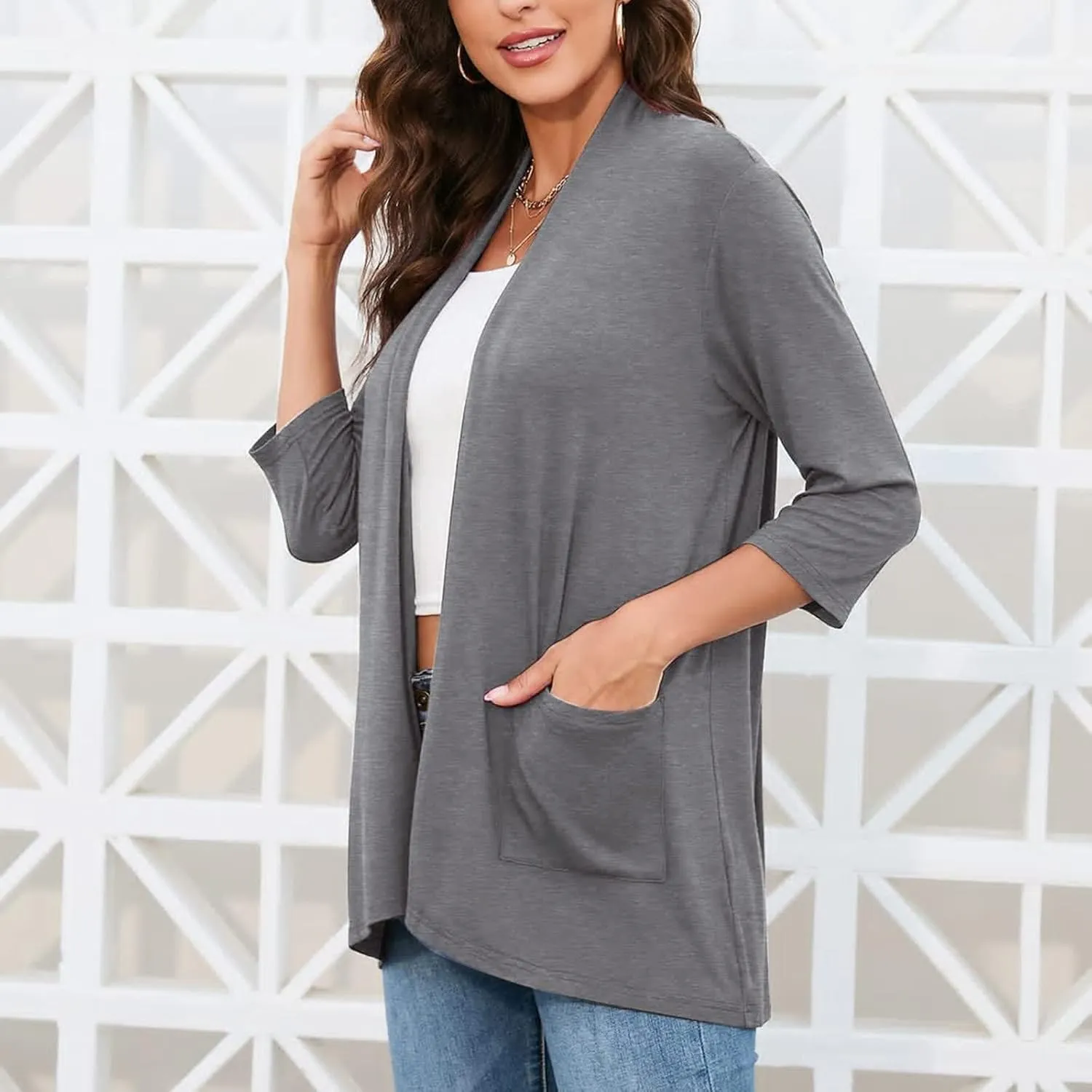 Womens Casual Lightweight Cardigan with Pockets 3 4 Sleeve Front Open Dust Duster Short Sleeve Cardigan Women